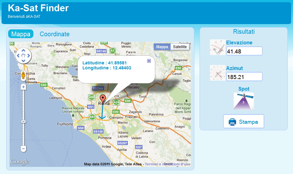 Tooway 2: trovare elevazione ed azimut esatti per installazione parabola verso satellite KA-SAT  